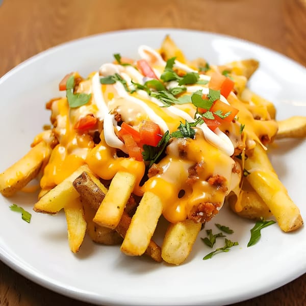 Loaded fries from Fresh Horses Saloon, topped with melted cheese, ground meat, diced tomatoes, and sour cream.
